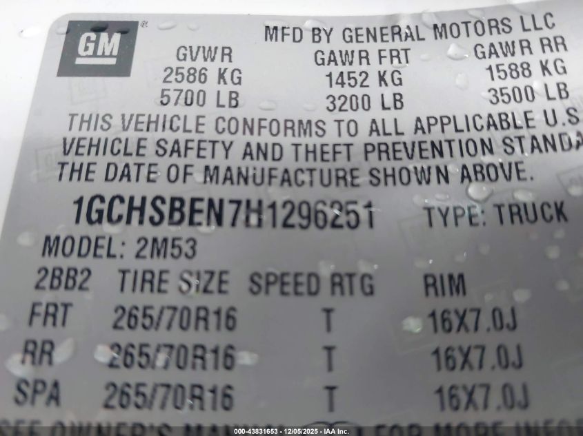 2017 Chevrolet Colorado Wt VIN: 1GCHSBEN7H1296251 Lot: 43831653