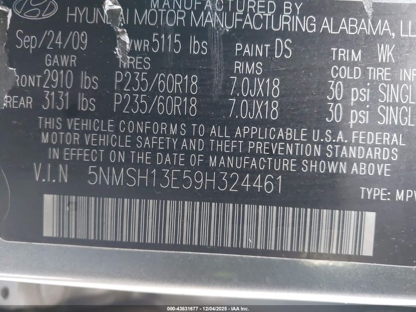 2009 Hyundai Santa Fe Limited VIN: 5NMSH13E59H324461 Lot: 43831677