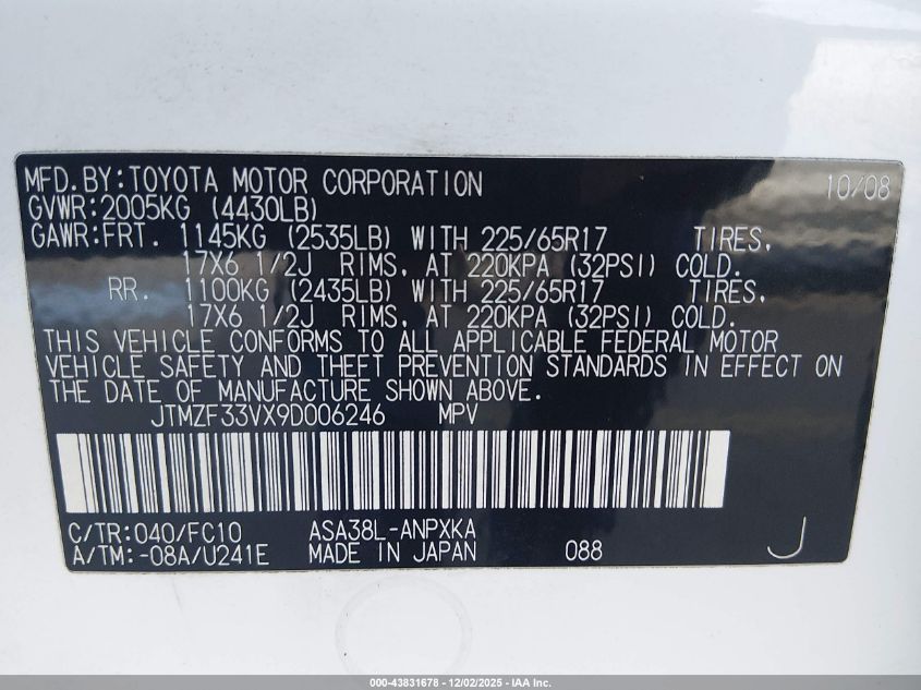 2009 Toyota Rav4 VIN: JTMZF33VX9D006246 Lot: 43831678