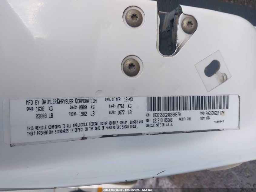 2004 Dodge Neon Sxt VIN: 1B3ES56C24D568670 Lot: 43831680