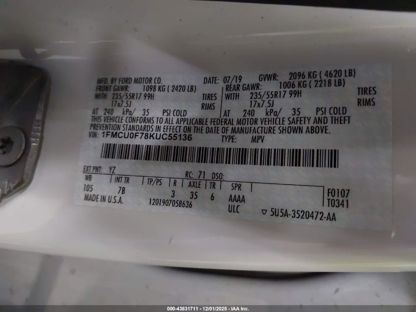 2019 Ford Escape S VIN: 1FMCU0F78KUC55136 Lot: 43831711