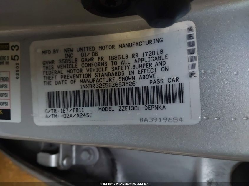 2006 Toyota Corolla Le VIN: 1NXBR32E56Z653526 Lot: 43831719