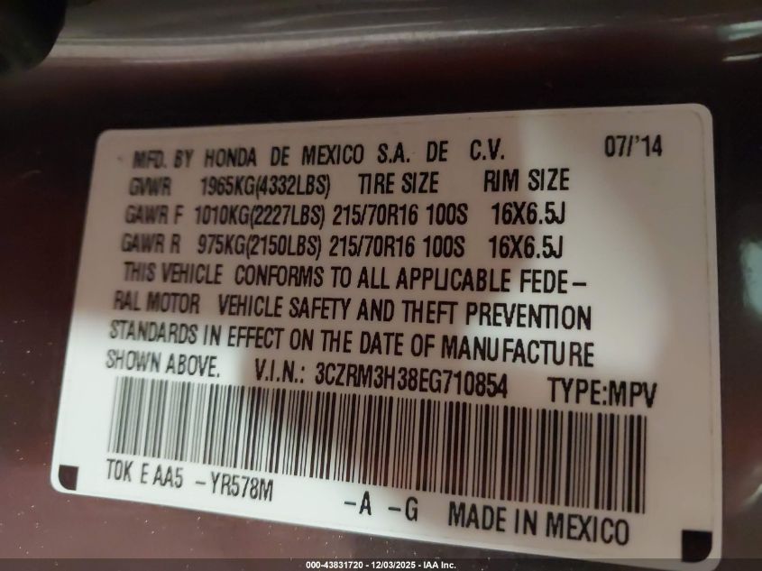 2014 Honda Cr-V Lx VIN: 3CZRM3H38EG710854 Lot: 43831720