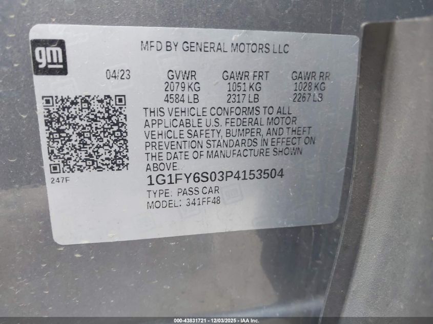 2023 Chevrolet Bolt Euv Fwd Lt VIN: 1G1FY6S03P4153504 Lot: 43831721