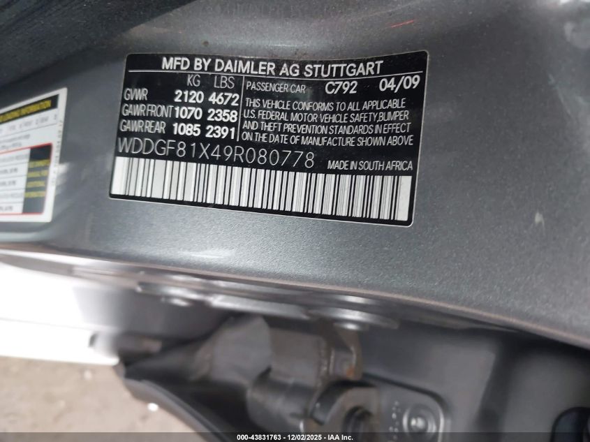 2009 Mercedes-Benz C 300 Luxury 4Matic/Sport 4Matic VIN: WDDGF81X49R080778 Lot: 43831763