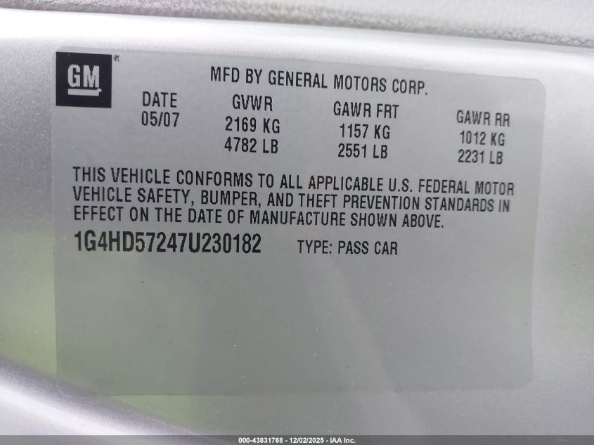 2007 Buick Lucerne Cxl VIN: 1G4HD57247U230182 Lot: 43831768