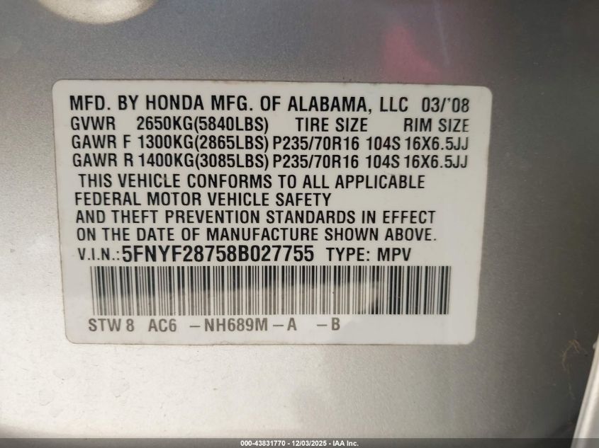 2008 Honda Pilot Ex-L VIN: 5FNYF28758B027755 Lot: 43831770