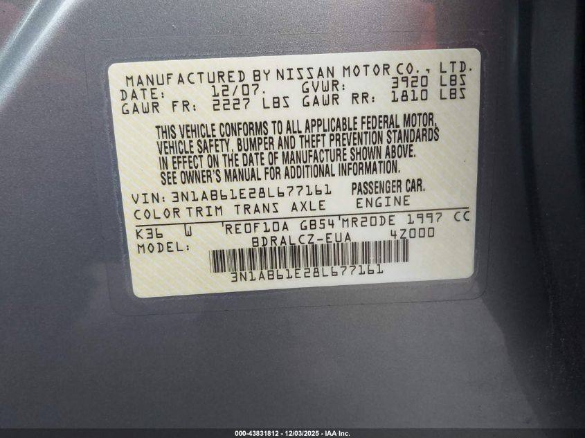 2008 Nissan Sentra 2.0 VIN: 3N1AB61E28L677161 Lot: 43831812