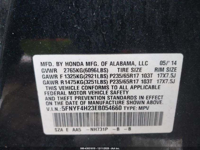 2014 Honda Pilot Lx VIN: 5FNYF4H23EB054660 Lot: 43831819