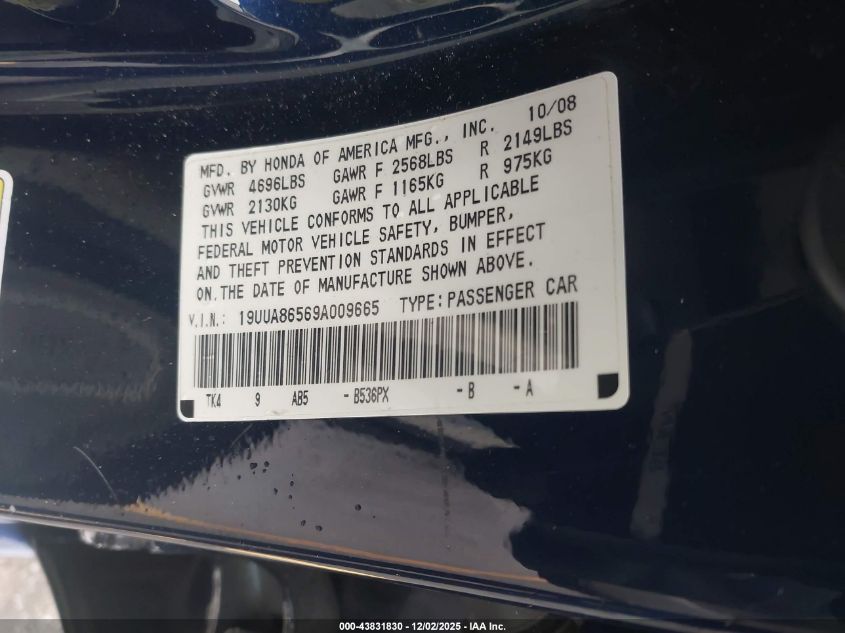 2009 Acura Tl 3.5 VIN: 19UUA86569A009665 Lot: 43831830
