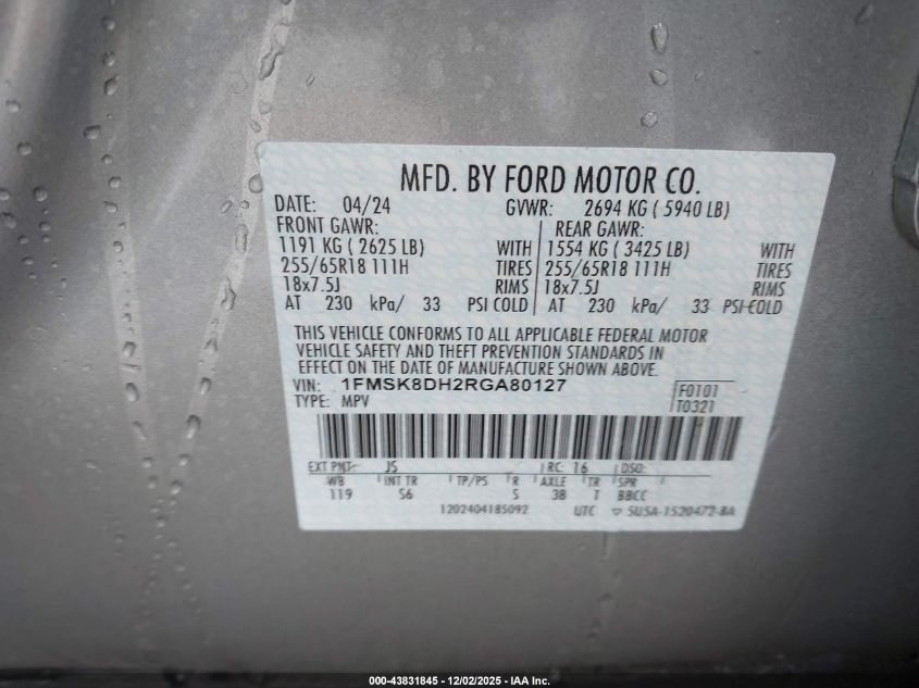 2024 Ford Explorer Xlt VIN: 1FMSK8DH2RGA80127 Lot: 43831845