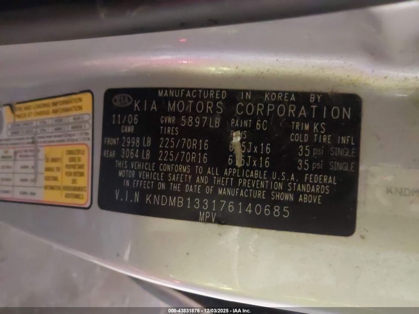 2007 Kia Sedona VIN: KNDMB133176140685 Lot: 43831876