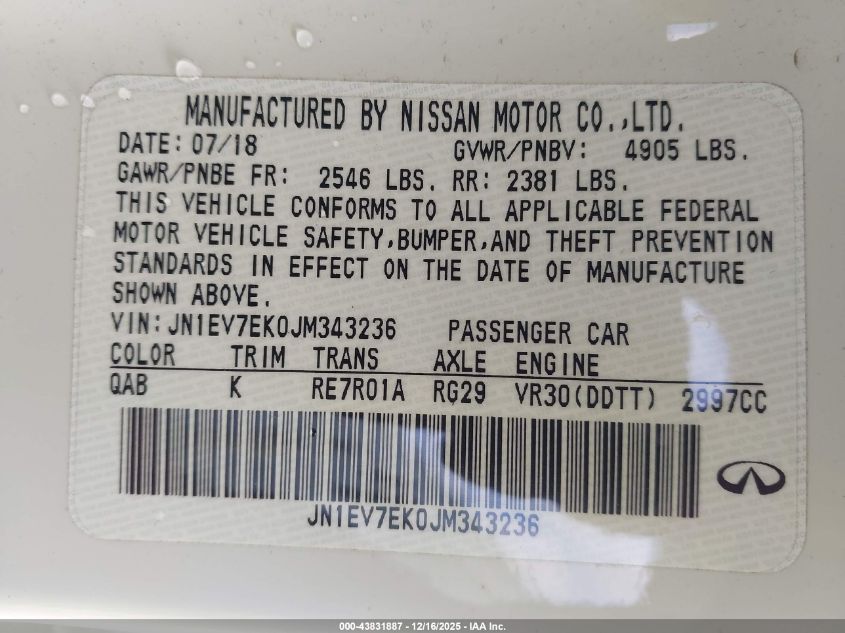 2018 Infiniti Q60 3.0T Luxe VIN: JN1EV7EK0JM343236 Lot: 43831887