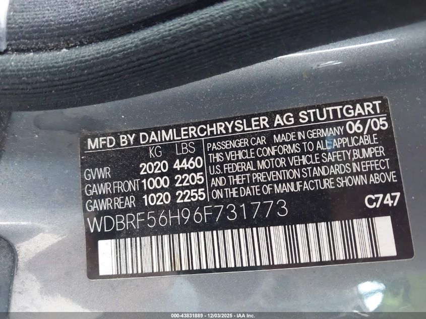 2006 Mercedes-Benz C 350 Luxury/Sport VIN: WDBRF56H96F731773 Lot: 43831889