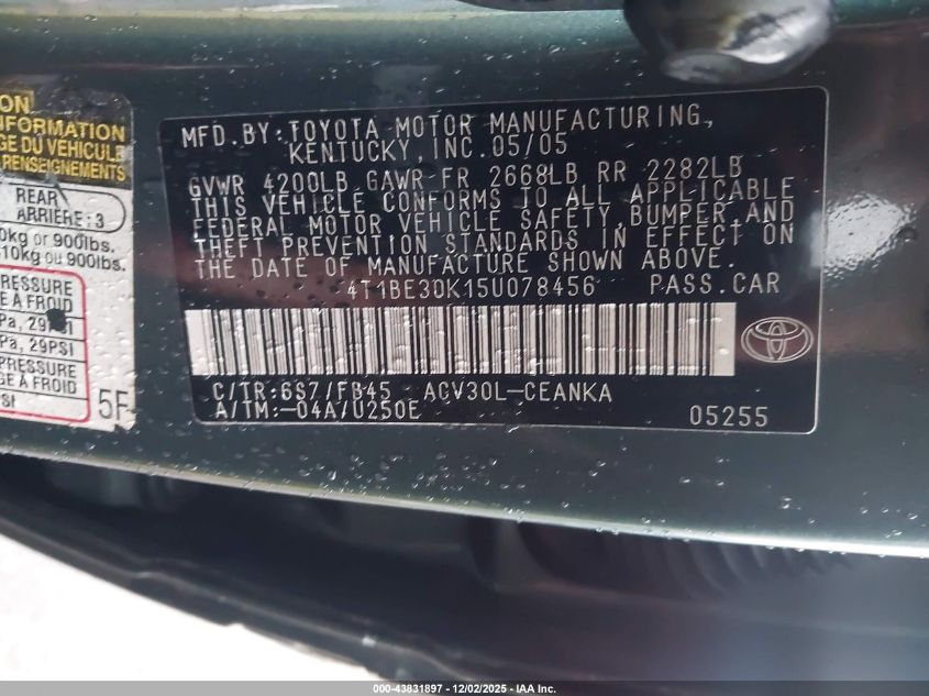 2005 Toyota Camry Le VIN: 4T1BE30K15U078456 Lot: 43831897