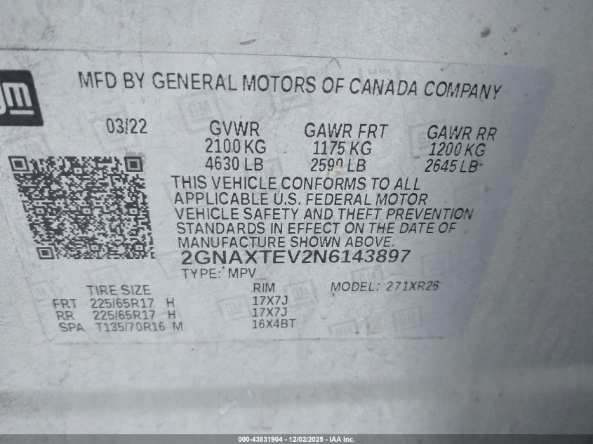 2022 Chevrolet Equinox Awd 2Fl VIN: 2GNAXTEV2N6143897 Lot: 43831904