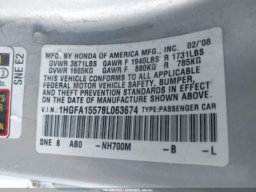 2008 Honda Civic Lx VIN: 1HGFA15578L063674 Lot: 43831910