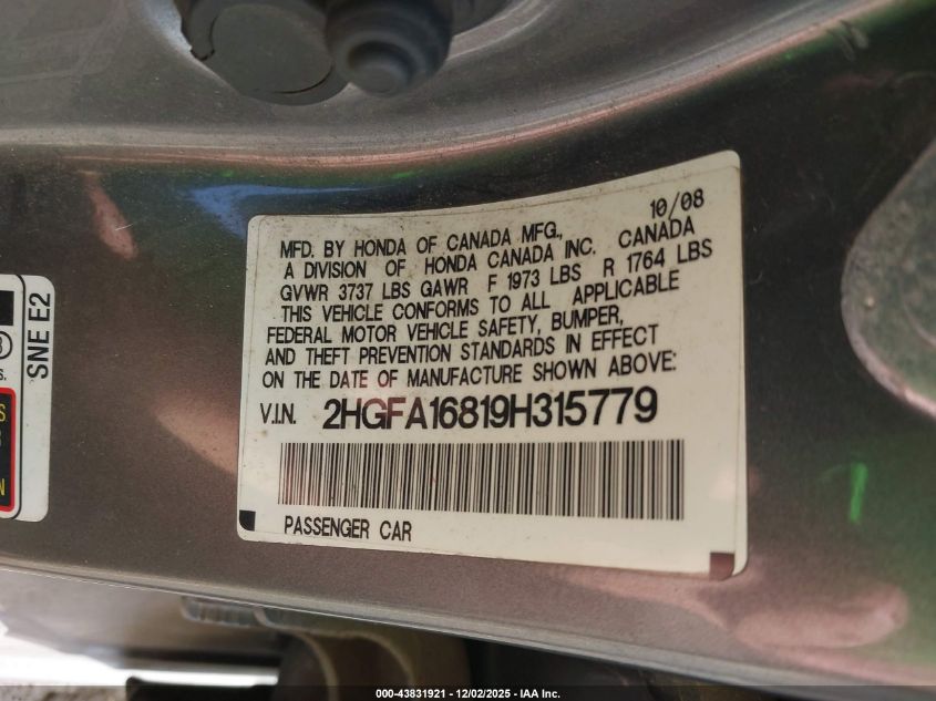 2009 Honda Civic Ex VIN: 2HGFA16819H315779 Lot: 43831921