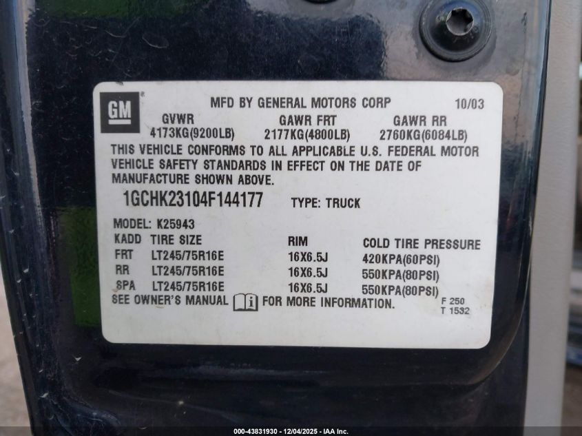 2004 Chevrolet Silverado 2500Hd Lt VIN: 1GCHK23104F144177 Lot: 43831930