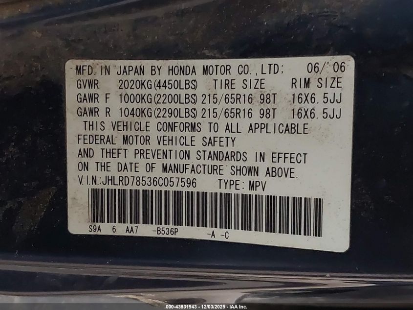 2006 Honda Cr-V Lx VIN: JHLRD78536C057596 Lot: 43831943