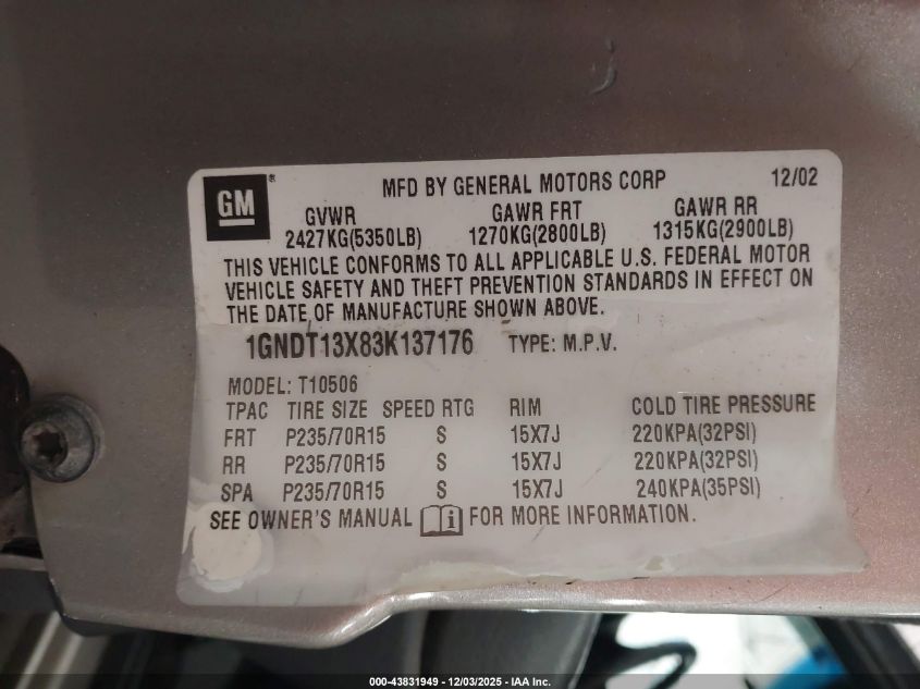 2003 Chevrolet Blazer Ls VIN: 1GNDT13X83K137176 Lot: 43831949