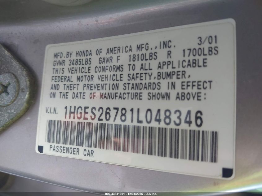 2001 Honda Civic Ex VIN: 1HGES26781L048346 Lot: 43831951