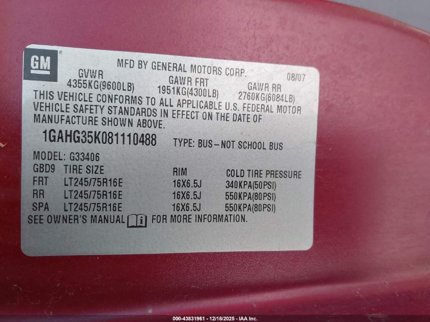 2008 Chevrolet Express Ls VIN: 1GAHG35K081110488 Lot: 43831961