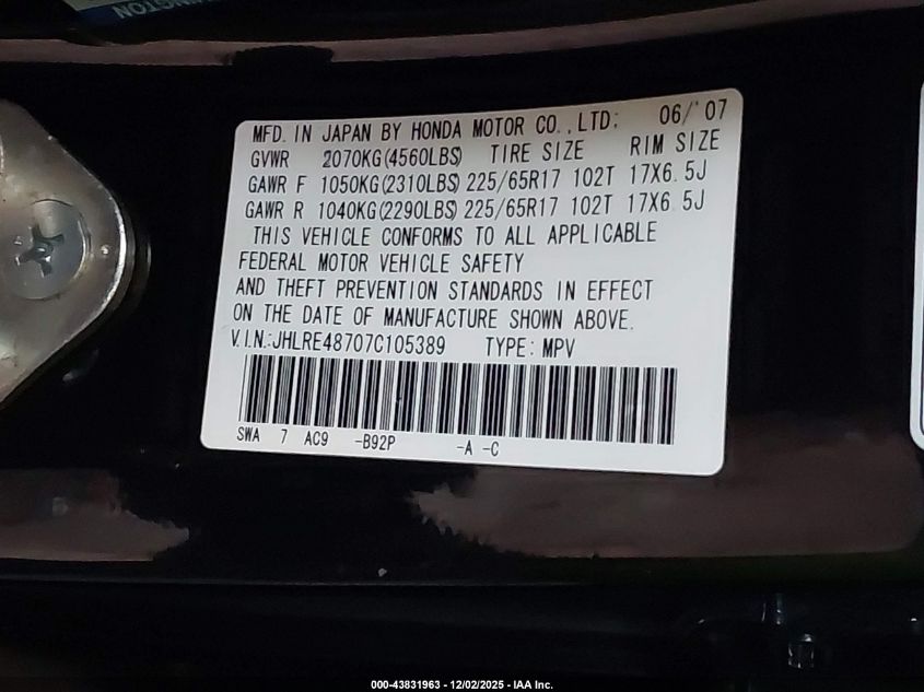 2007 Honda Cr-V Ex-L VIN: 0JHLRE48707C10538 Lot: 43831963