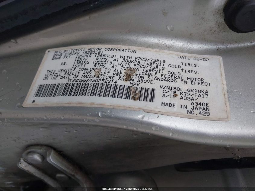 2002 Toyota 4Runner Sr5 V6 VIN: JT3GN86R420252314 Lot: 43831964