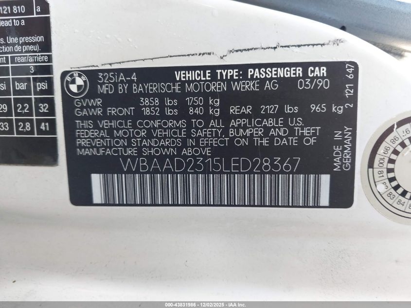 1990 BMW 325 I Automatic VIN: WBAAD2315LED28367 Lot: 43831986