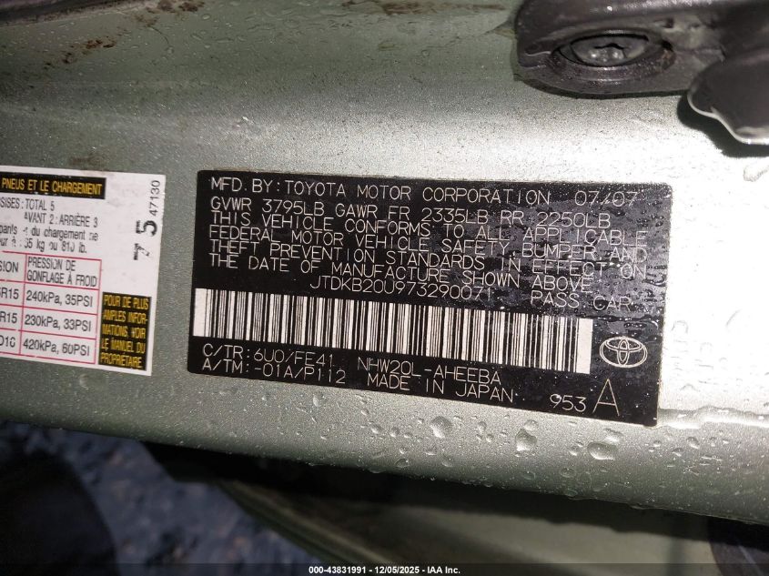 2007 Toyota Prius VIN: JTDKB20U973290071 Lot: 43831991