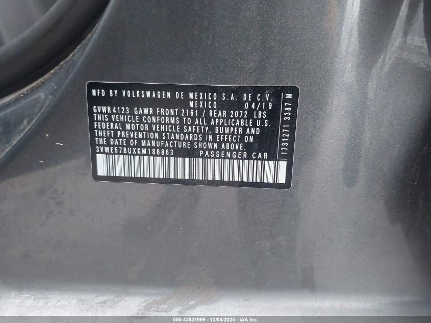 2019 Volkswagen Jetta 1.4T Sel VIN: 3VWE57BUXKM188863 Lot: 43831999