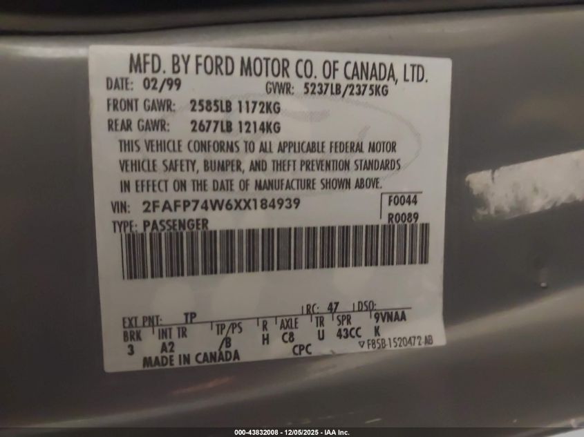 1999 Ford Crown Victoria Lx VIN: 2FAFP74W6XX184939 Lot: 43832008