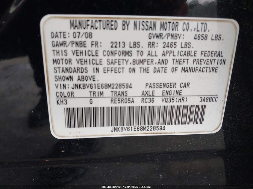 JNKBV61E68M228594 2008 INFINITI G photo no. 9