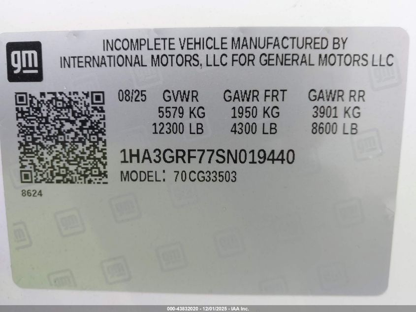 2025 Chevrolet Express Cutaway Work Van VIN: 1HA3GRF77SN019440 Lot: 43832020