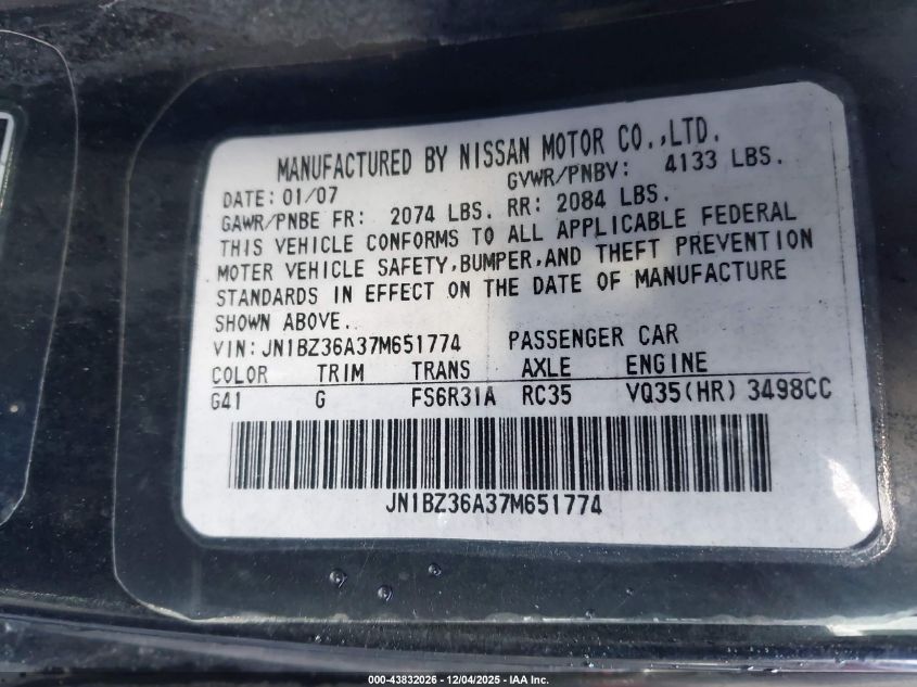2007 Nissan 350Z Touring VIN: JN1BZ36A37M651774 Lot: 43832026