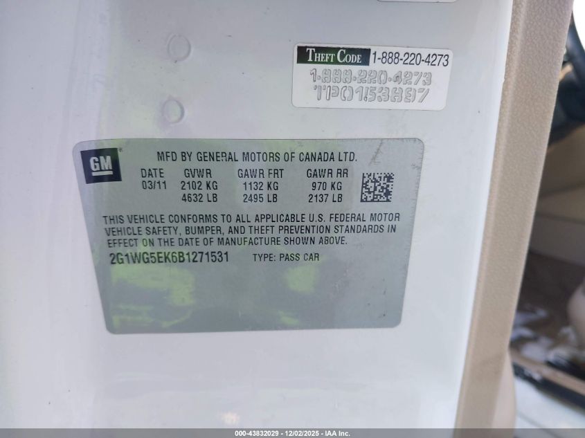 2011 Chevrolet Impala Lt VIN: 2G1WG5EK6B1271531 Lot: 43832029