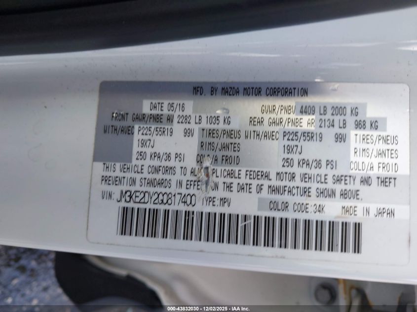 2016 Mazda Cx-5 Grand Touring VIN: JM3KE2DY2G0817400 Lot: 43832030