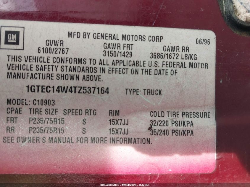 1996 GMC Sierra C1500 VIN: 1GTEC14W4TZ537164 Lot: 43832032