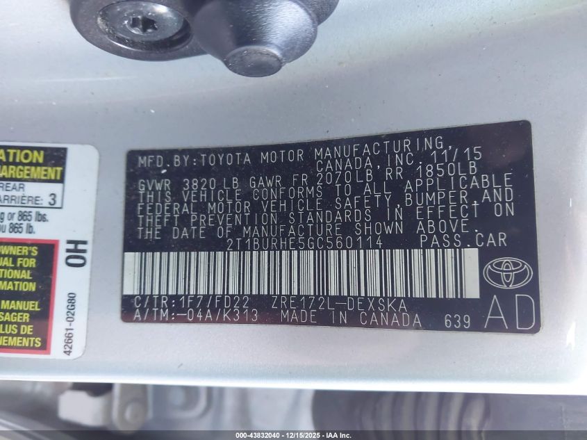 2016 Toyota Corolla S Plus VIN: 2T1BURHE5GC560114 Lot: 43832040