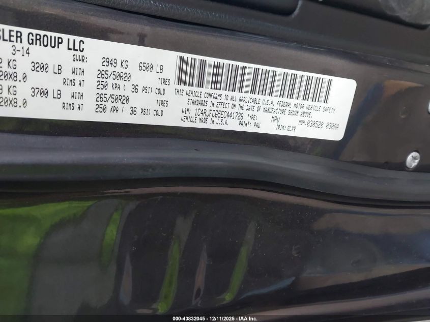 2014 Jeep Grand Cherokee Overland VIN: 1C4RJFCG5EC441726 Lot: 43832045