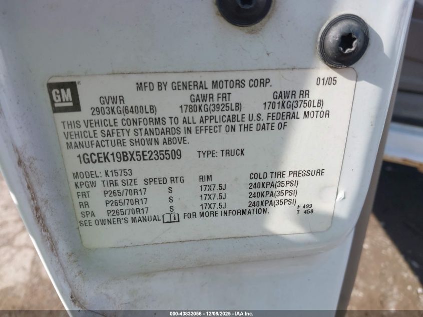 2005 Chevrolet Silverado 1500 Z71 VIN: 1GCEK19BX5E235509 Lot: 43832056