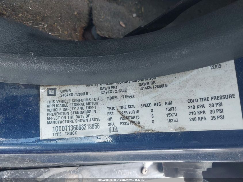 2006 Chevrolet Colorado Lt VIN: 1GCDT136668218856 Lot: 43832060