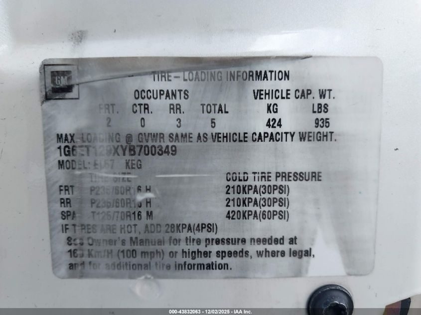 2000 Cadillac Eldorado Etc VIN: 1G6ET129XYB700349 Lot: 43832063