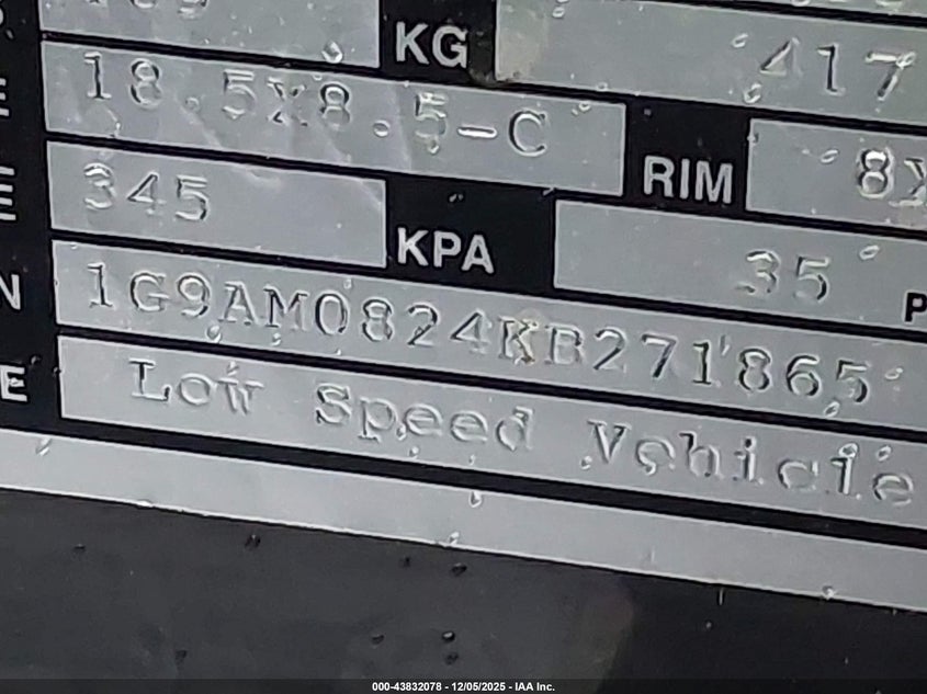 VIN: 1G9AM0824KB271865 2019 STCA GOLF CART