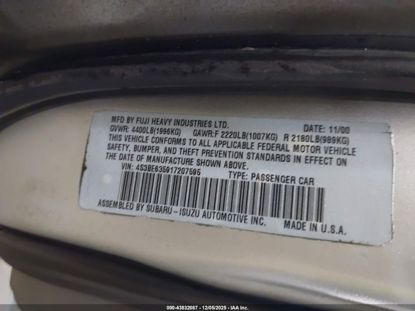 2001 Subaru Legacy L VIN: 4S3BE635917207595 Lot: 43832087