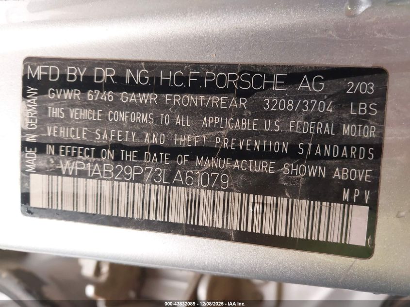 2003 Porsche Cayenne S VIN: WP1AB29P73LA61079 Lot: 43832089