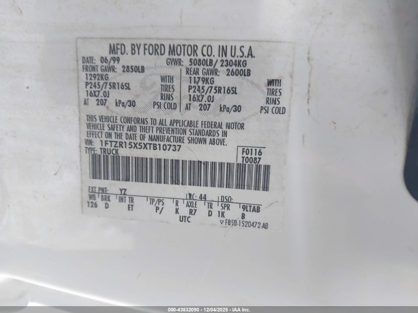 1999 Ford Ranger Xlt VIN: 1FTZR15X5XTB10737 Lot: 43832090
