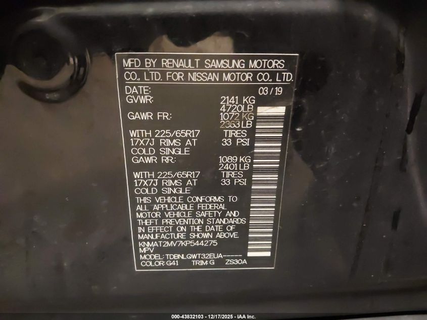 2019 Nissan Rogue Sv VIN: KNMAT2MV7KP544275 Lot: 43832103