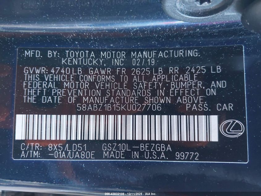 2019 Lexus Es 350 VIN: 58ABZ1B15KU027706 Lot: 43832108